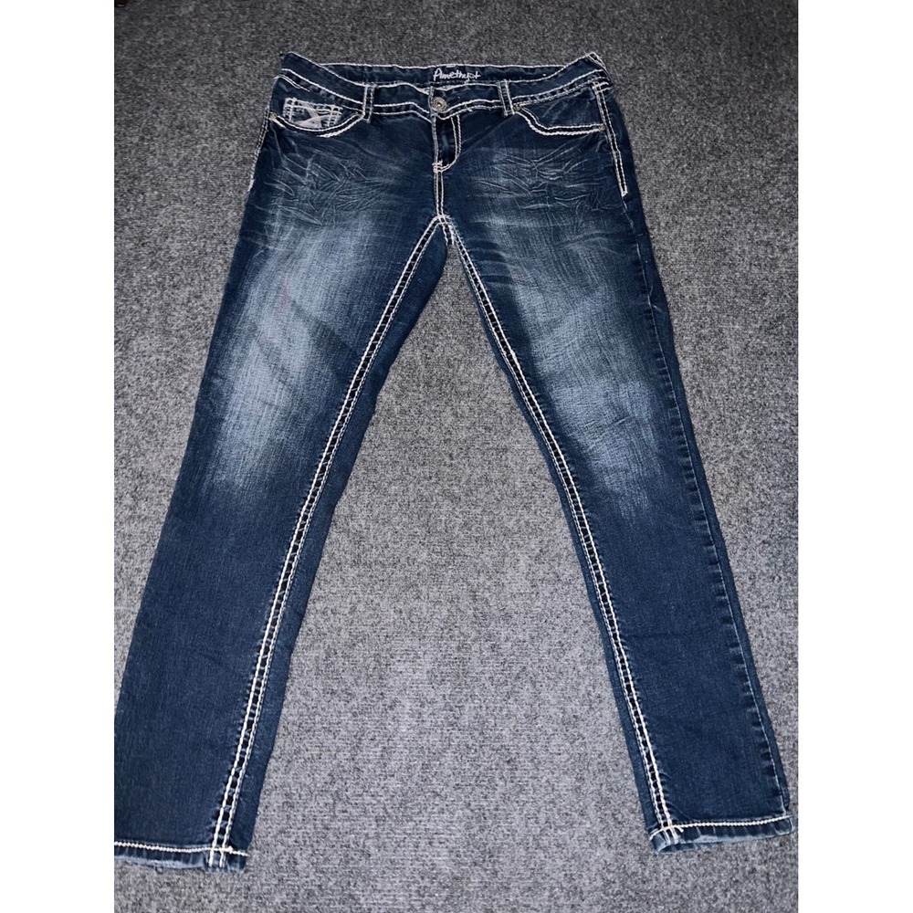 Amethyst Womens Size 13 Dark Wash Skinny Jeans Stitch Embroidered Pockets